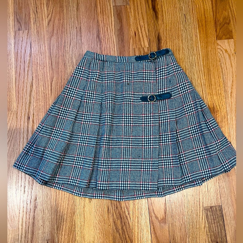 Vintage Pandora Girls Green and Red Wool Plaid skirt with buckles, size 8/9